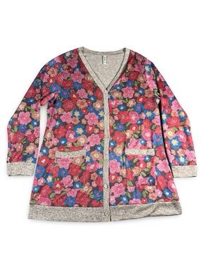 Grecerelle Long Cardigan Sweater Floral Pattern‎ Women's Size XL Brown Red Pink